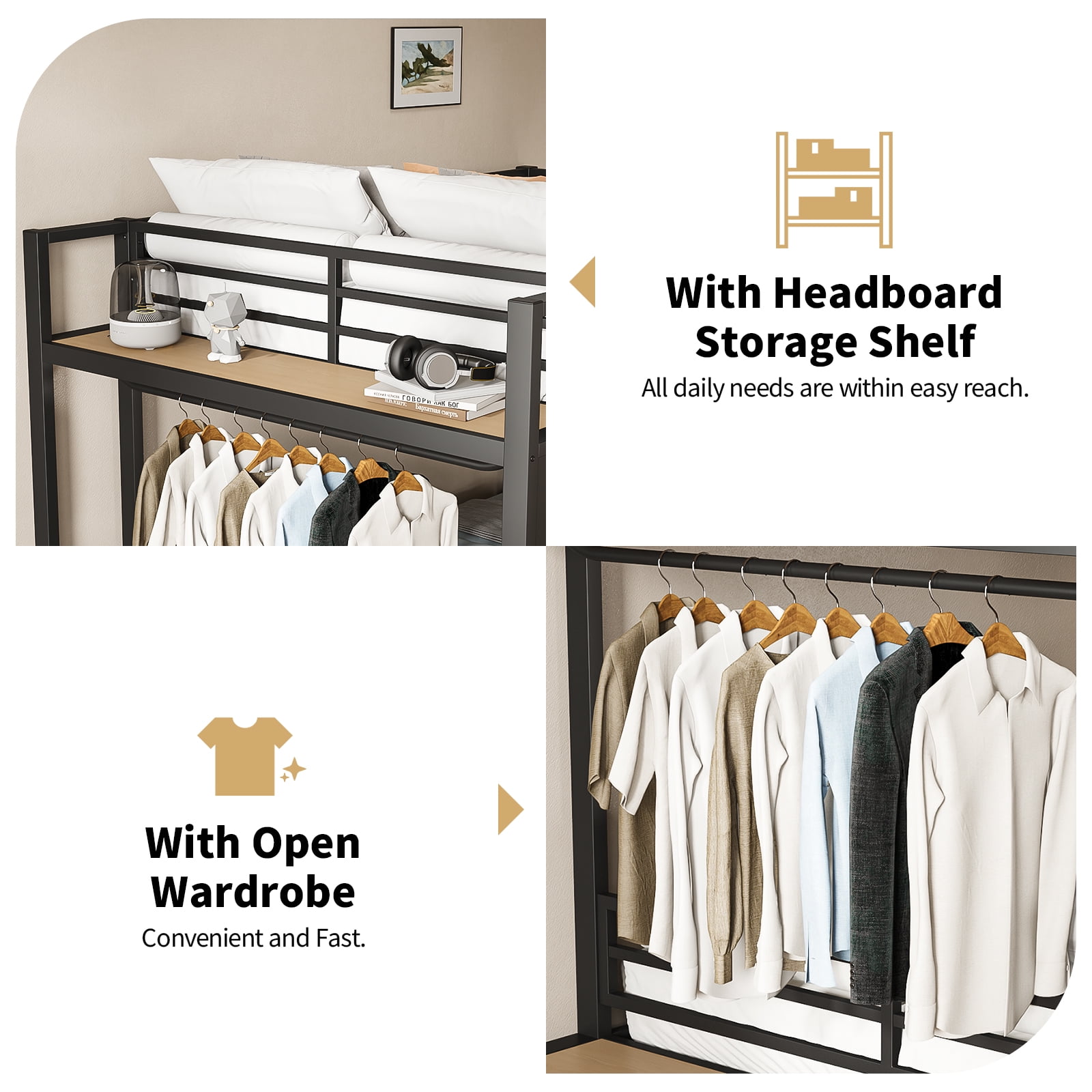 Mintazer Queen Over Queen Metal Bunk Bed with Pegboard and 2 Storage Drawers & 2 Wardrobe Shelves, Heavy Duty Platform Bed with Safety Guard Rails for Bedroom Dorm, Black