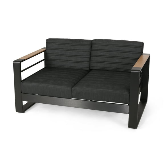 GDF Studio Neffs Outdoor Aluminum Loveseat with Cushions, Dark Gray, Natural, and Black