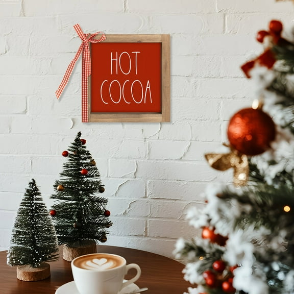 flangairy 6 Inch Hot Cocoa Sign, Red Wooden Christmas Hot Chocolate Bar Decor, Rustic Winter Decorations for Home Table Tiered Tray Shelf Coffee Corner Station Kitchen