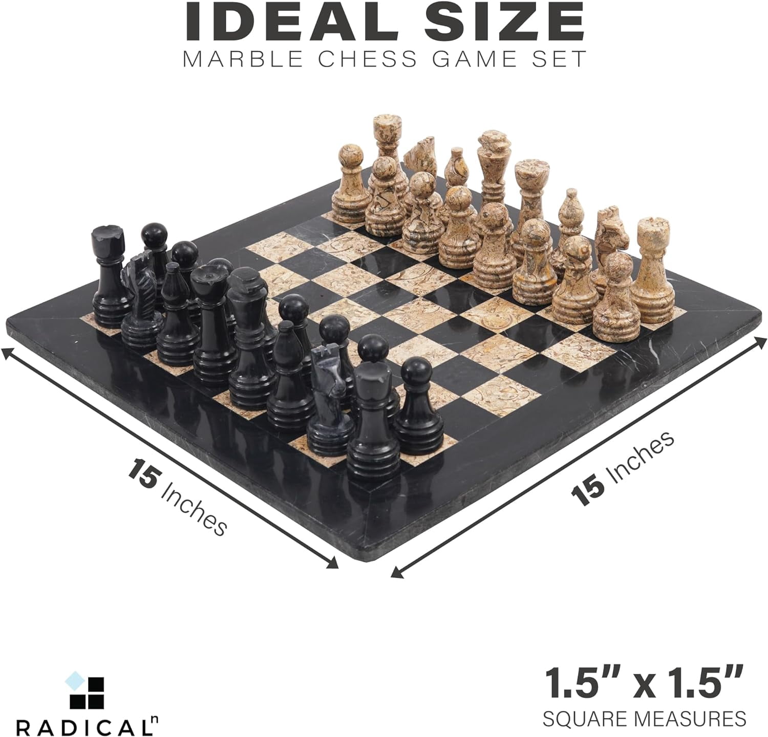 Radicaln Marble Chess Set 15" Inches Black and Fossil Coral Handmade Luxury Board Games for Adults, Ideal Marble Chess Board Game Set & Chess Pieces for Home Décor