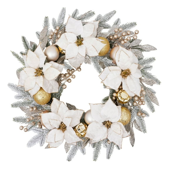 24" Artifical Christmas Wreath Mixed White Flower And Gold Ball Holiday Decoration For Front Door Walls, Outdoor,Windows