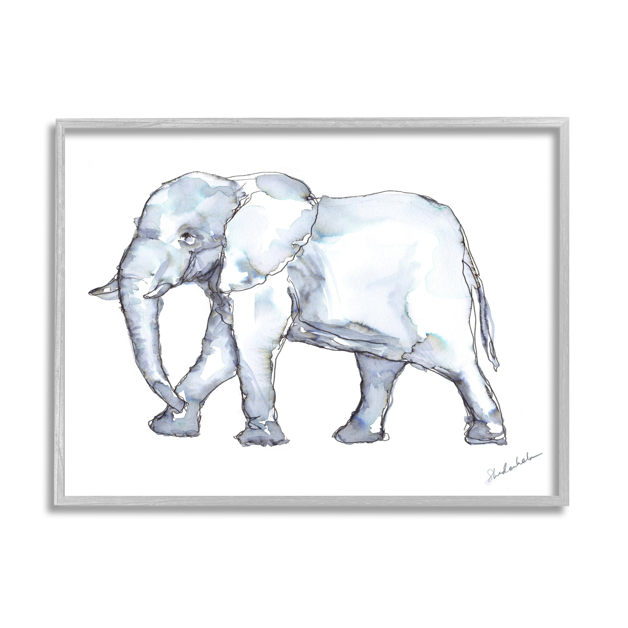 Stupell Industries Elephant Walking Casual Watercolor Sketch Style Painting Gray Framed Art Print Wall Art, Design by Kendra Shedenhelm