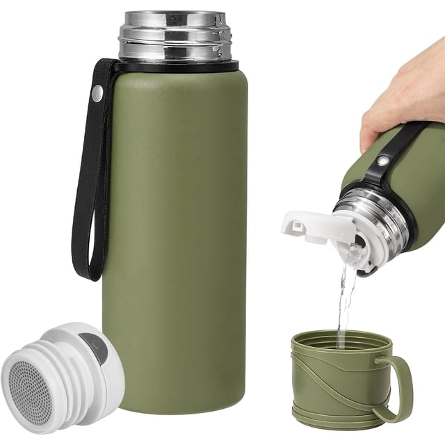 Botella de agua caliente aislada de boca ancha de acero inoxidable de 1000 ml con infusor de té, taza y tapa. Thermoses - Botella de café, vaso térmico portátil