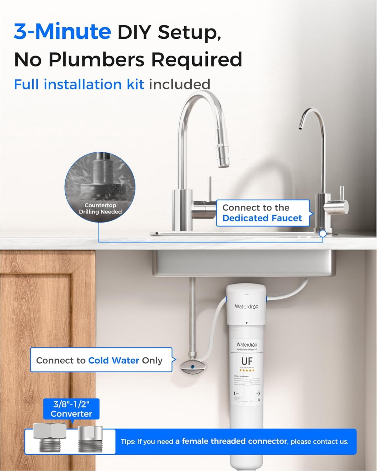Waterdrop 15UBW-UF 0.01 μm Ultra Filtration Under Sink Water Filter System, Reduces Lead, Chlorine, Bad Taste & Odor, 2 Years