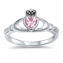 CHOOSE YOUR COLOR Friendship Heart Pink CZ Claddagh Ring .925 Sterling Silver Band Female Size 6