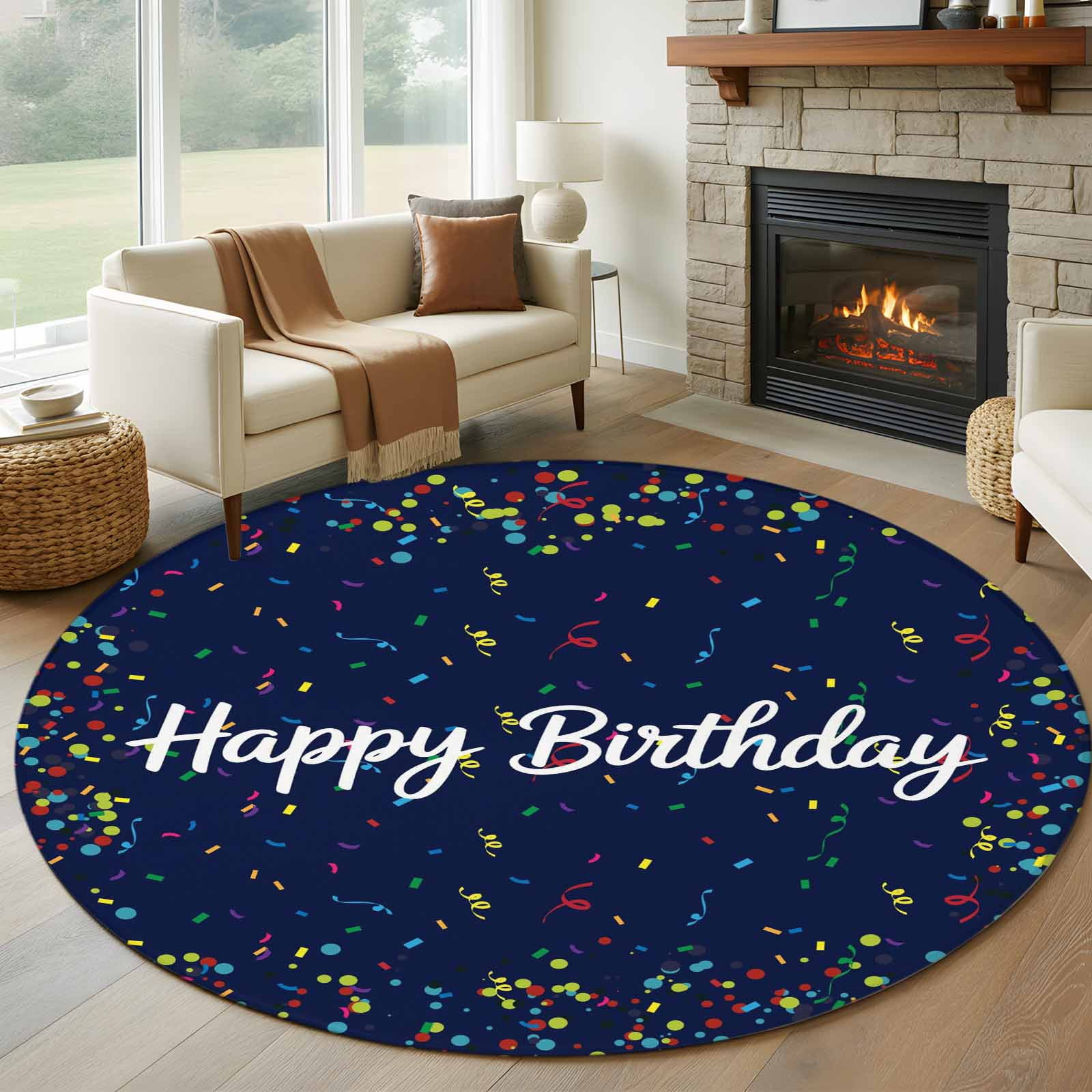 Happy Birthday Large Area Rugs for Bedroom Living Room, Soft Non Slip Carpet Bedside Rug, Navy Blue Modern Abstract Art Round Floor Cover Kitchen Accent Rug 7' for Dining Room/Office