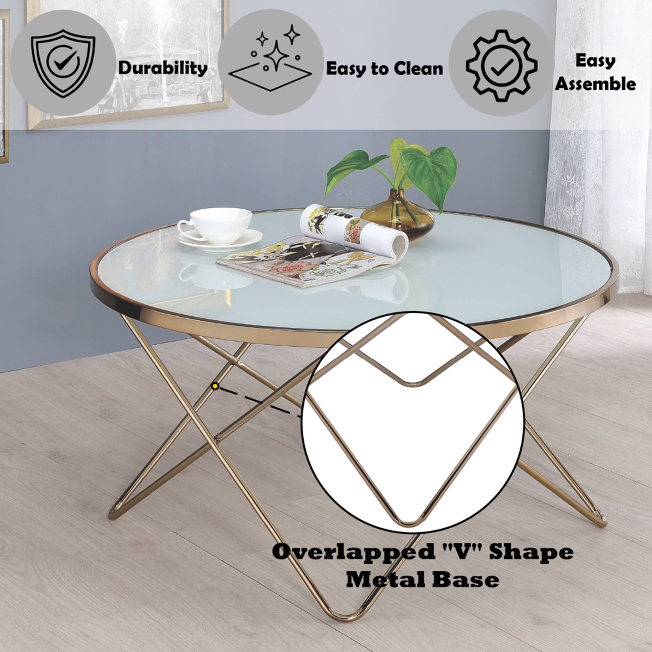 Brielle Champagne Round Coffee Table with Frosted Glass