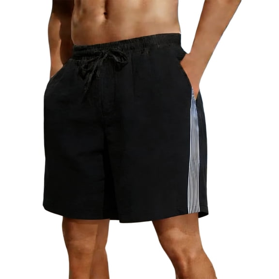 100% Cotton Mens Shorts Stripes Wide Leg Elastic Waist High Rise Drawstring Running Biker Shorts with Pockets Black S-2XL