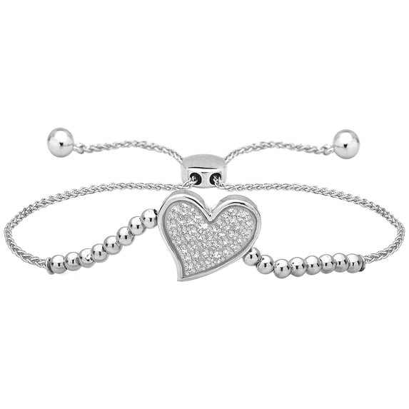 CARATS FOR YOU 10K White Gold Round Cut Real Natural Diamond Heart Bolo Adjustable 9 inch Chain Bracelet For Women