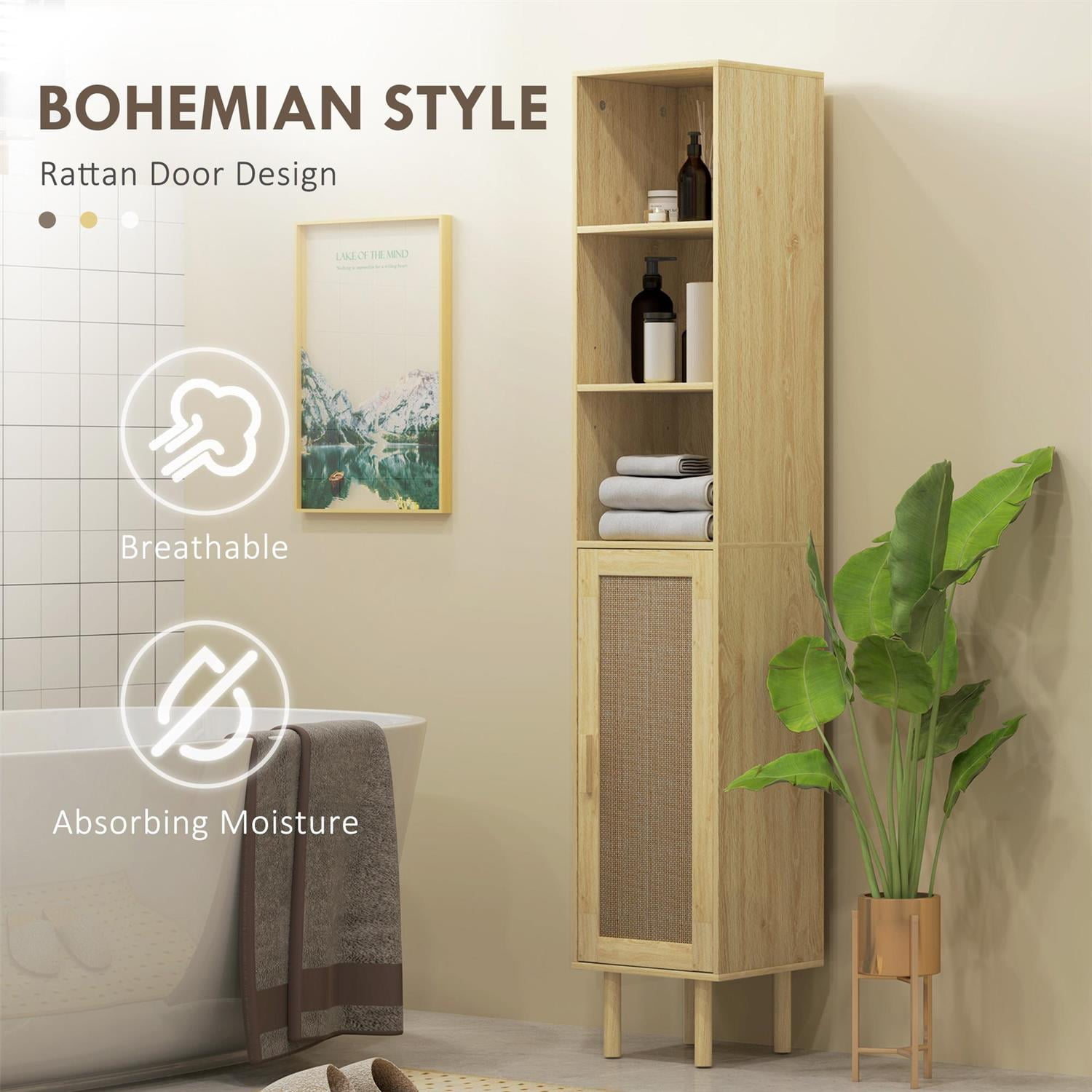 Demi Bonn 66" Tall Bathroom Storage Cabinet with Rattan Design , Adjustable Shelves, Freestanding Bathroom Furniture for Modern Spaces, Beige