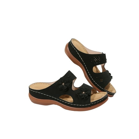 

UKAP Women Wedge Sandal Beach Sandals Slip On Slides Backless Casual Shoes Womens Slide Slippers Flowers Lightweight Black 6.5