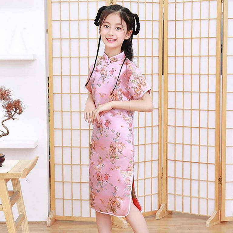 XIMIN Girls Chinese Phoenix Qipao Dress Dragon Pattern Short Sleeve  Traditional Cheongsam Chinese New Year Costume for Birthday Party Wedding -  Walmart.com