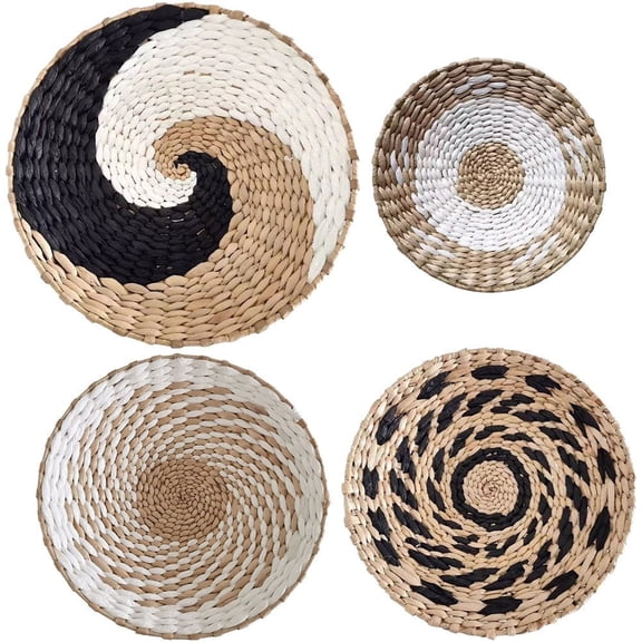 Jiibva Wall Hanging Decor, Handmade Natural Grass, Round Bohemian Basket, Art Deco Style, Multicolor, 9.84inch/25cm, 4 Pack