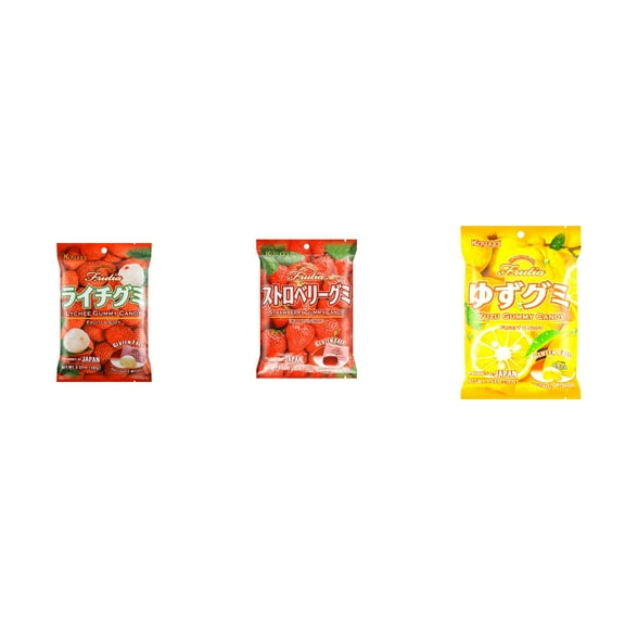 3 Pack Kasugai Gummy Candies, Made in Japan, Gluten Free, Mix 3 Flavor (Lychee,Strawberry,Yuzu) Plus NineChef Brand Long Handle Coffee Spoon
