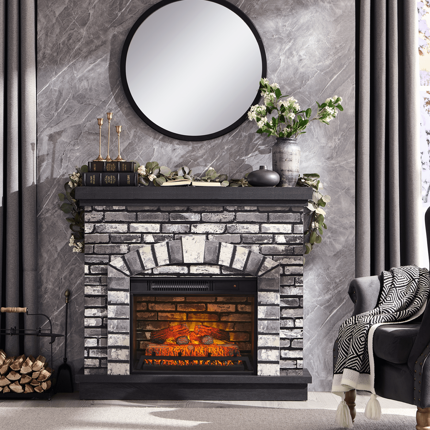 SinCiDo Electric Fireplace with Mantel for 42" TV Stand, Floor Standing Electric Indoor Fireplace