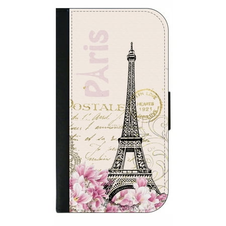 Vintage Style Floral Paris Parisian Eiffel Tower Themed Design - Wallet Style Cell Phone Case with 2 Card Slots and a Flip Cover Compatible with the Apple iPhone 6 Plus and 6s Plus