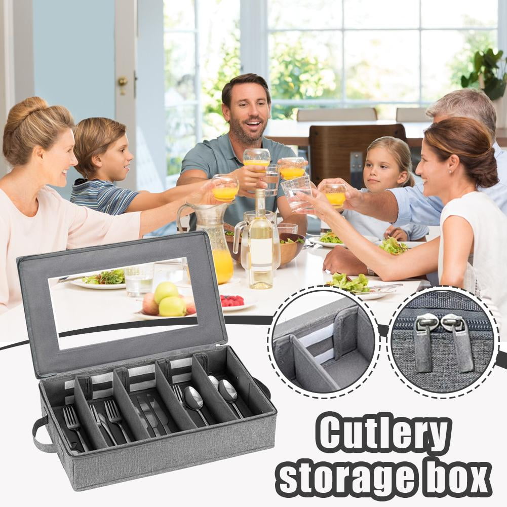 Large Capacity Silverware Storage Box – Linen-Like Utensil Organizer with Removable Lid & Adjustable Dividers, Foldable Portable Cutlery Holder for Knives Forks Spoons, Kitchen Pantry Camping Storage