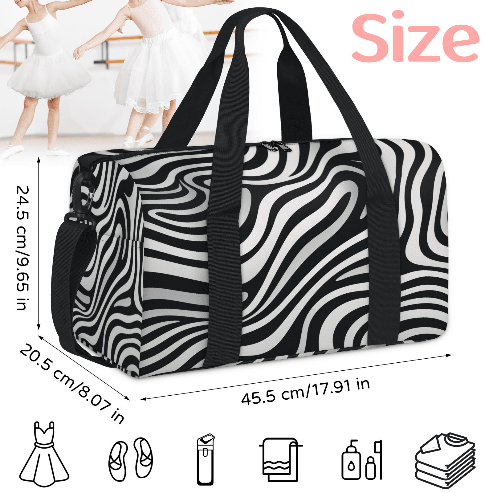 Herdesigns Zebra Printed Travel Duffle Bag Sports Yoga Weekender Overnight Carry on Workout Bags Lightweight Waterproof Gym Tote Bag for Women