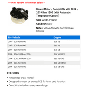 Blower Motor - Compatible with 2014 - 2019 Ram 1500 (with Automatic Temperature Control) 2015 2016 2017 2018