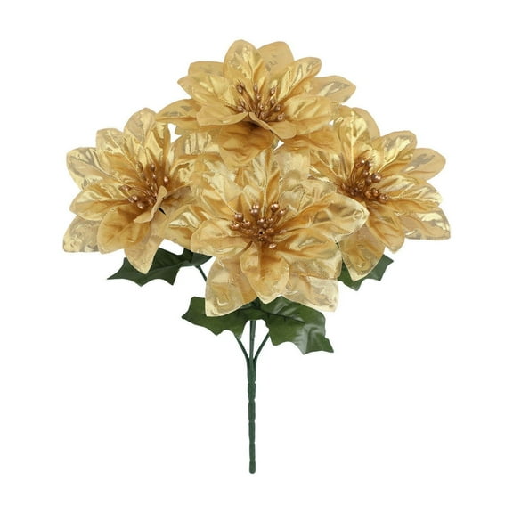 StlyGar 1 Pcs Artificial Bushes Poinsettias Artificial Christmas Flowers Gold Fake Silk Flowers Floral Bouquet for Xmas Tree Fillers Home Table Centerpiece Holiday