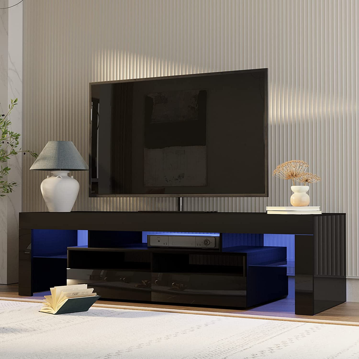 PWFE LED Light TV Stand for 55/60/65 inch TV, Modern Gloss Entertainment Center with Drawer and Glass Open Shelf, TV Console Table for Living Room, Black