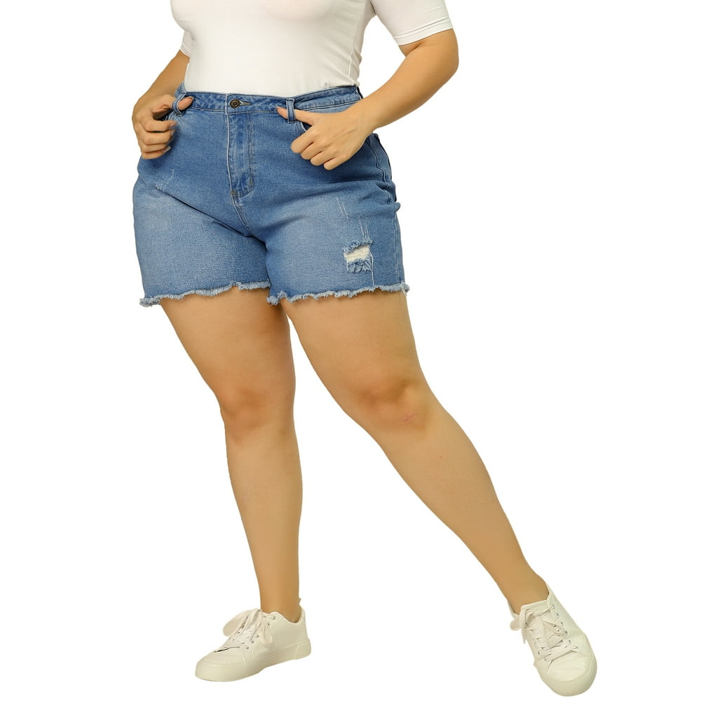 Unique Bargains - Women's Plus Size Summer Denim Shorts Raw Hem Casual ...
