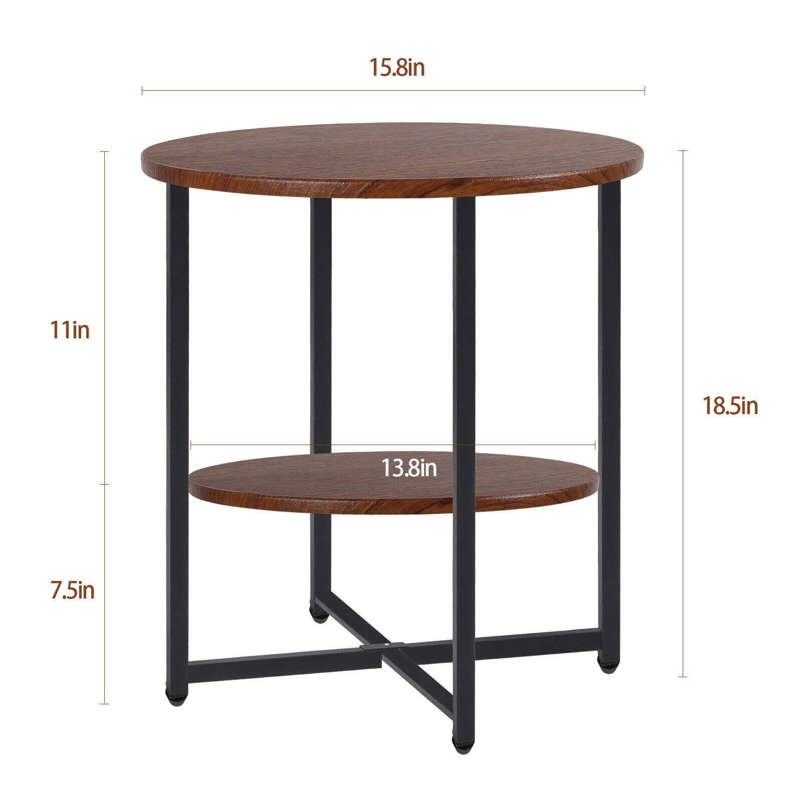 2 Tiers Wood Round Nightstand w/ x Base Brown Modern Sofa Side Table for Bedroom 18.5 inches