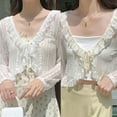 thumbnail image 3 of Women Summer Long Sleeve Lace Shrug Tie Knot Front Striped Mesh Cropped Cardigan Beachwear Ruffle Trim Solid Color Sheer Cover Up for Jacket, 3 of 19