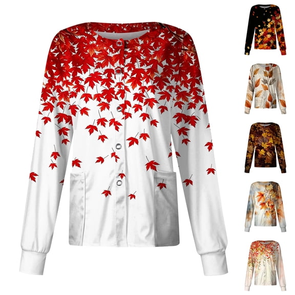 Long Sleeve Scrub Jackets for Women Cute Print Under Tops Snap Front Cute Animals Pattern Medical Nurse Working Uniform