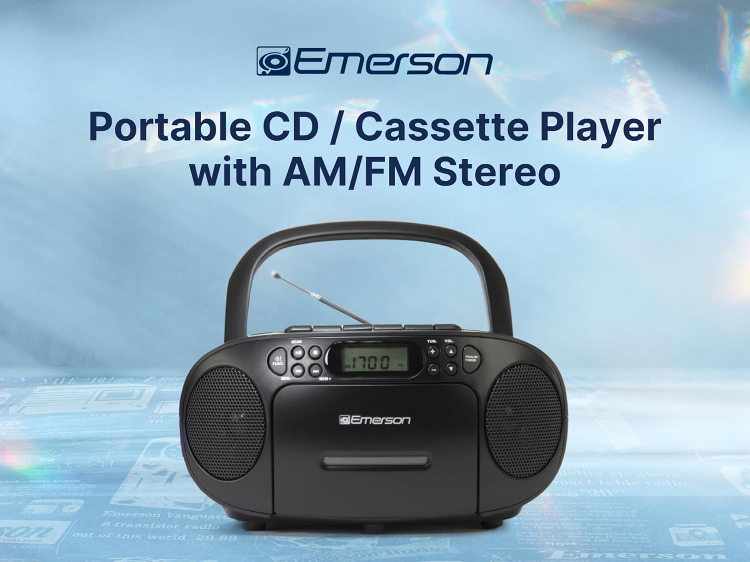Emerson Portable CD Player Boombox with Cassette Player, AM/FM Radio, Tape Recorder, AUX, Headphone Jack, Dual Speakers, AC/DC & Battery Operated - Stereo System for Home, Indoor & Outdoor Use