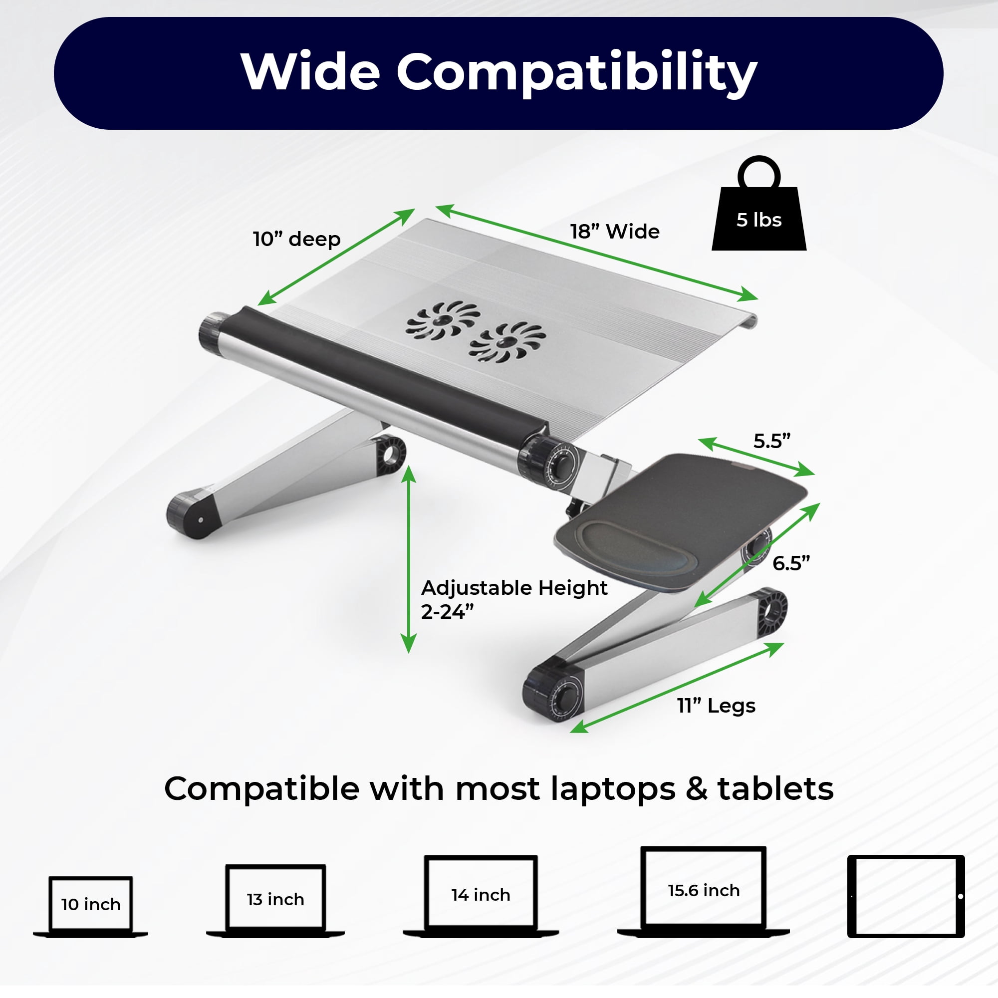 WorkEZ Cool Adjustable Laptop Cooling Stand with Dual Fans, 3 USB Ports & Mouse Pad – Portable Aluminum Laptop Desk for Bed, Couch, or Standing Workstation (Silver)