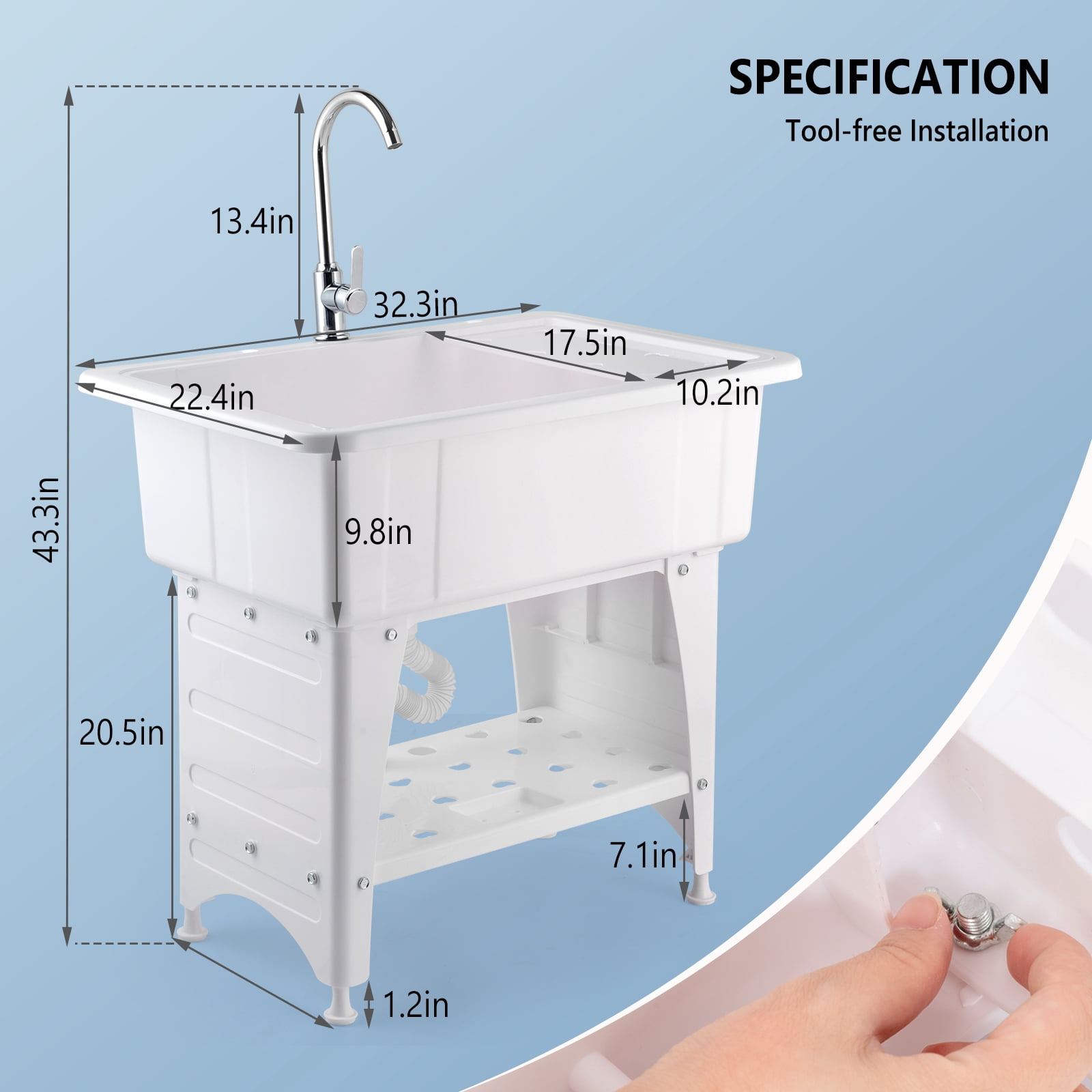 Spacious White Utility Sink Laundry Tub Freestanding Wash Station W/ Shelf, Removable Drainboard, Stainless Steel Faucet