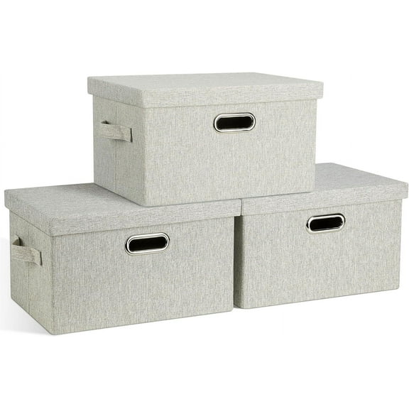 Large 17" 36 Quart Collapsible Stackable Storage Bins with Lids, 1 Pack White Foldable Fabric Closet Storage Boxes with Lids, 4 Handles Heavy-duty Linen Cube Baskets for Bedroom