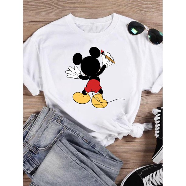 Disney Cartoon Clothing Casual Tee Shirt Mickey Mouse Women Holiday Summer Short Sleeve Print Fashion Graphic T-shirtsS Gao Jinjia LED