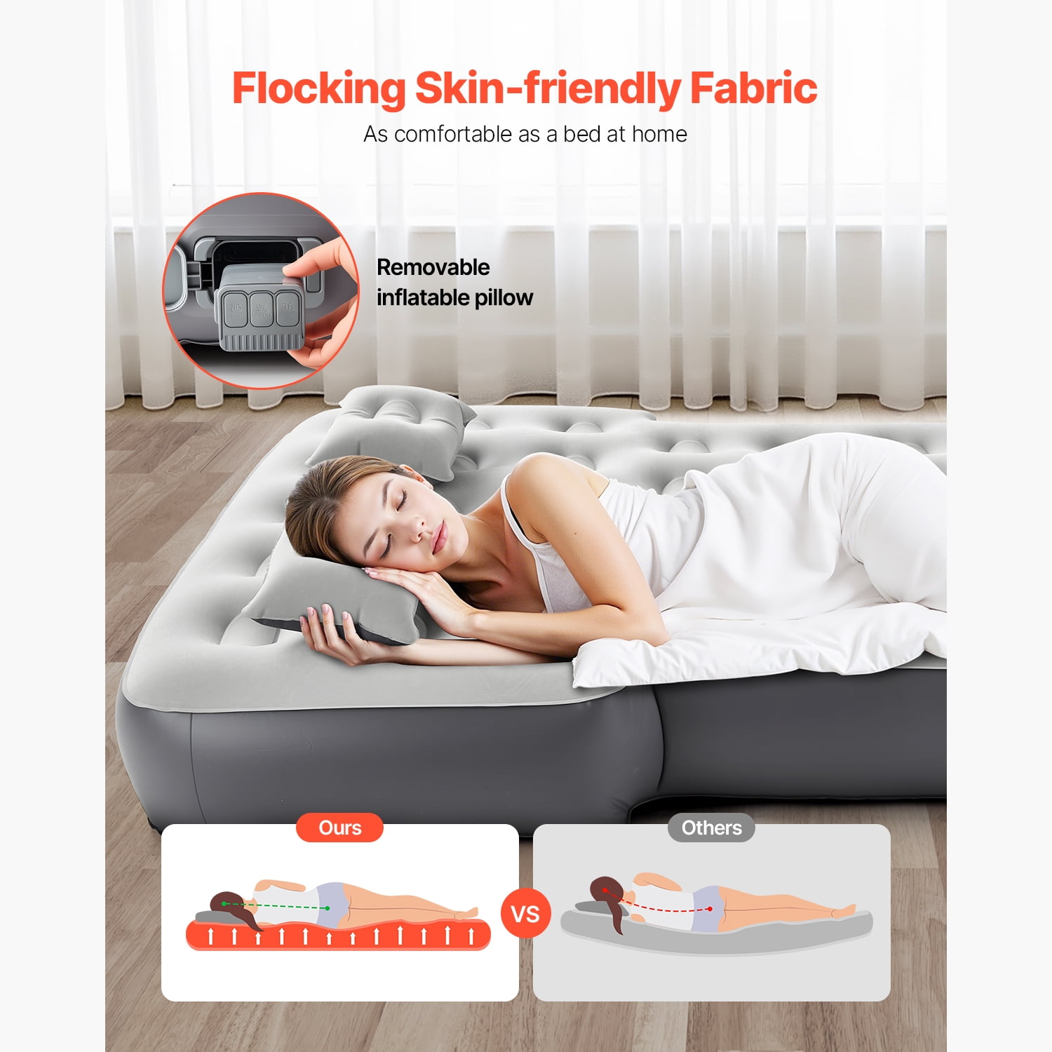 KFFKFF Inflatable Car Air Mattress, Compatible with Toyota 4runner and Jeep Wrangler, Thickened Flocking Travel Bed for Camping, Durable Portable Sleeping Pad with Built-in Pump and 2 Pillows, Gray