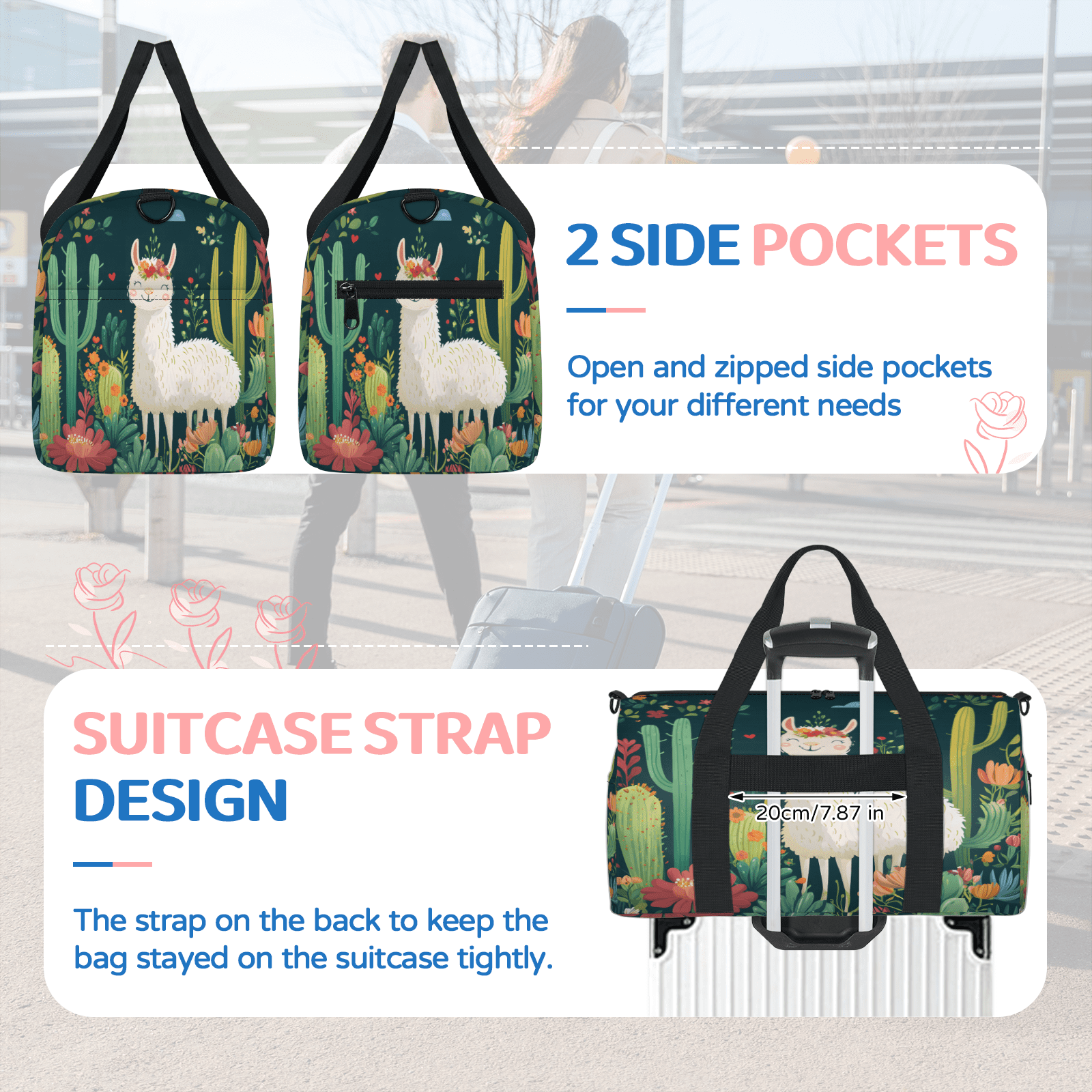Herdesigns Alpaca Travel Duffle Bag Sports Yoga Weekender Overnight Carry on Workout Bags Lightweight Waterproof Gym Tote Bag for Women Cactus