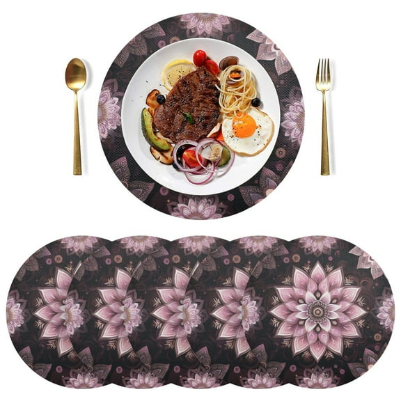 Qxltty 15inch Round Placemats Set of 6 Polyester Fabric Heat Resistant Washable Table Mat for Kitchen Party Decor Purple Mandala Flowers