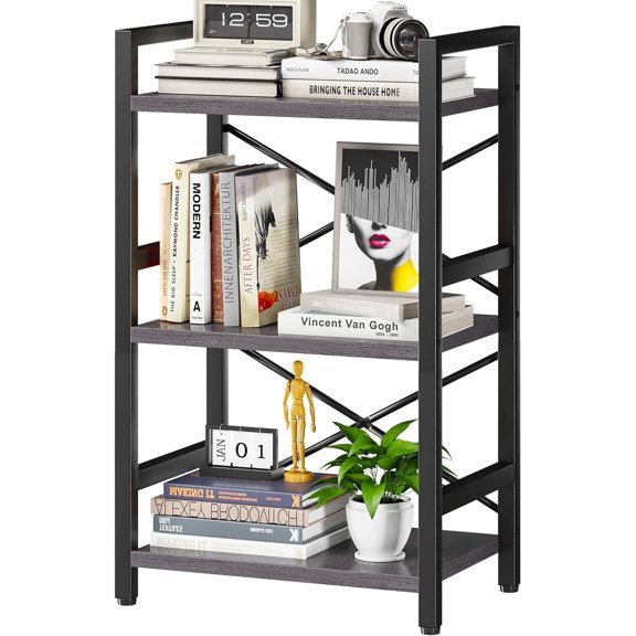 Bookshelf, 3 Tier Industrial Bookcase, Metal Small Bookcase, Rustic Etagere Book Shelf Storage Organizer for Living Room, Bedroom, and Home Office(Grey)