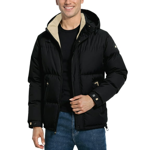 Men Puffer Jacket Windproof Hooded Padded Puffer Jacket Winter Warm Baggy Down Outerwear Cold Weather Relaxed Fit Fall Jackets for Men Black L