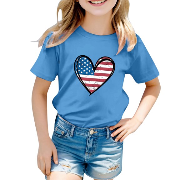 FINALGANG Boys Girls Kids American Flag Heart Graphic T-Shirts Casual Short Sleeve Crewneck Loose Fit Tee For Independence Day Festival Daily Wear Blue 4-5 Years