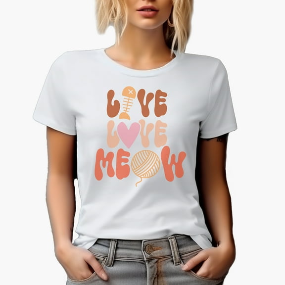 Live Love Meow with a Fishbone, Heart & Yarn, Cat Lover Art Merch Gift, White T-Shirt, Small