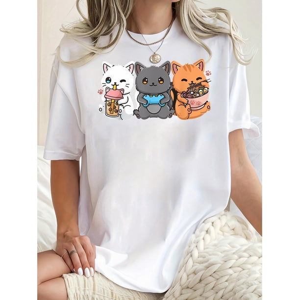 Summer Whiskers, Women's Cute Cat Graphic Tee - Casual Round Neck Short Sleeve T-Shirt, Stretchy & Breathable Polyester Blend, Perfect for Summer