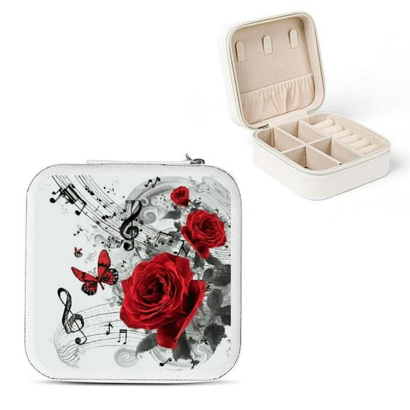 ZFLMY Red Rose Music Notes Butterflies Small Jewelry Box for Women White