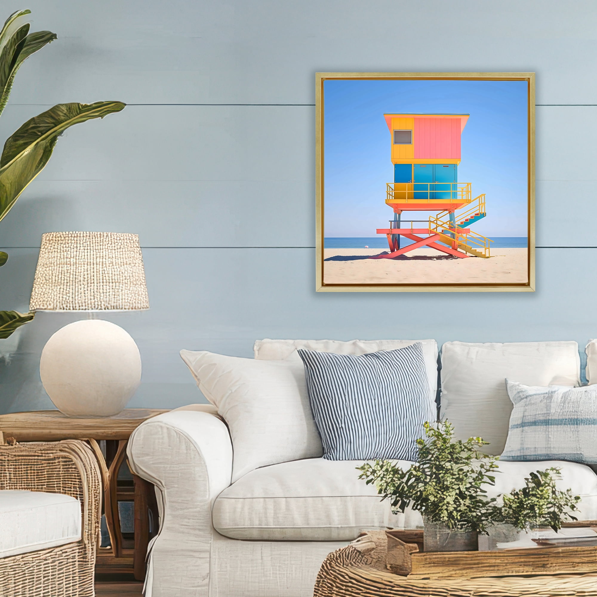 Stupell Industries Deco Lifeguard Tower on Beach Gold Framed Floater Canvas Wall Art, design by Creative Studio