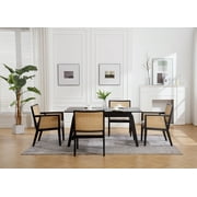Guyou Rattan Dining Chairs Set of 2, Mid Century Modern Linen Upholstered Dining Room Armchairs, Farmhouse Wooden Kitchen Chairs with Cane Back and Black Hardwood Frame for Living Room, Beige