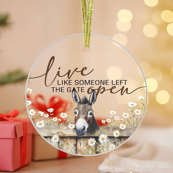 Donkey Ornament, Rustic Farmhouse Cottagecore Wildflower Donkey Hanging Christmas Ornaments for Xmas Tree Holiday Party Decorations, Live Like Someone Left The Gate Open