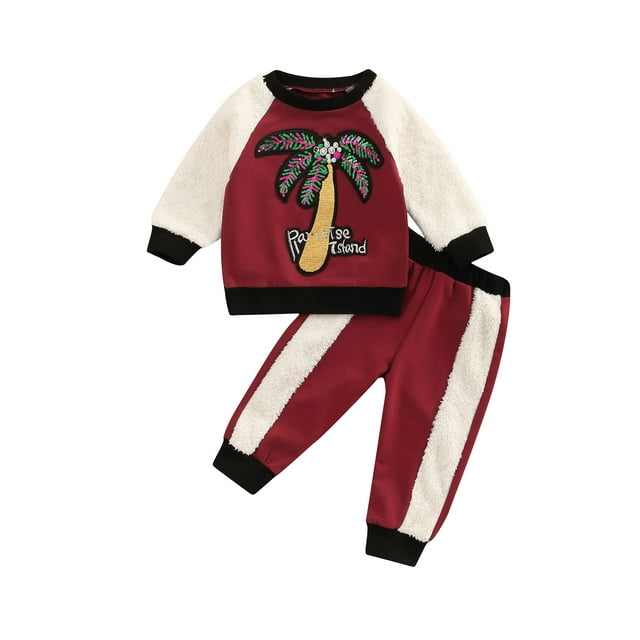 Sunloudy Kids Girls 2Pcs Suitset, Dark Red Coconut Tree Letters Pattern Pullover + Patchwork Trousers