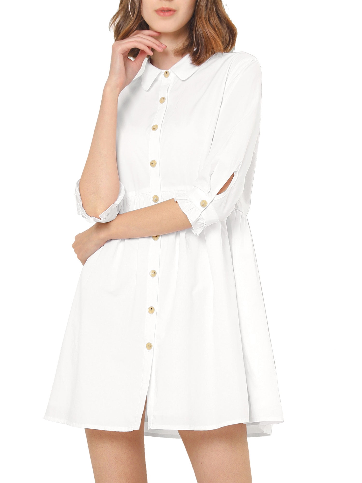 DARING DIVA Elegant Collar Flare 3/4 Sleeve Button Mini Shirt Dress XL White