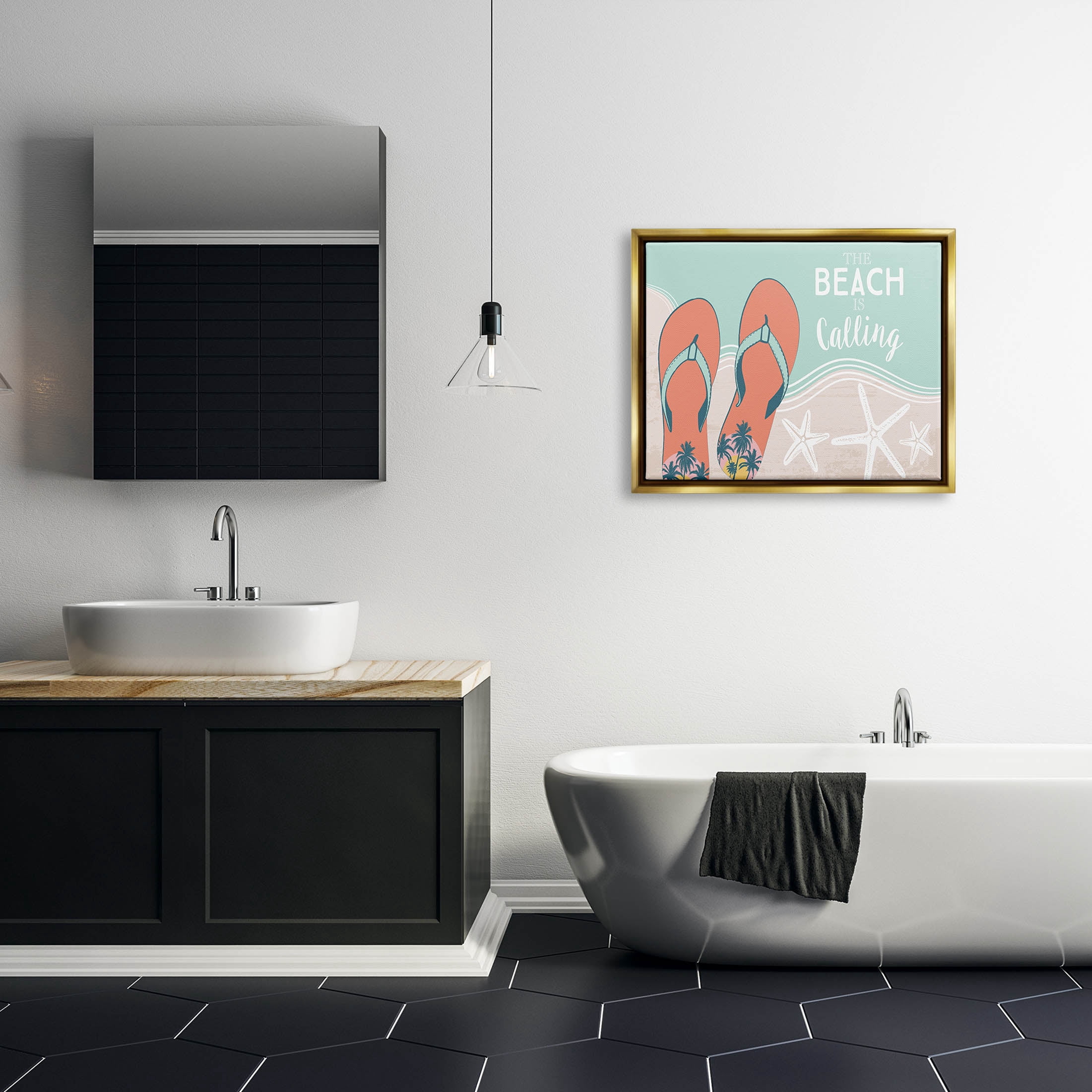 Stupell Industries Beach Is Calling Flip Flops Shore Graphic Art Metallic Gold Floating Framed Canvas Print Wall Art, Design by Arrolynn Weiderhold