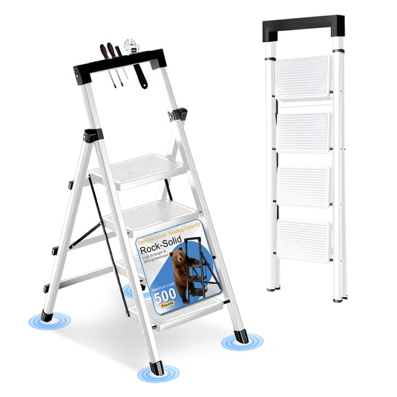 JaxShark 4-Step Folding Ladder with Tool Tray 500 lbs Steel Step Stool Non-Slip Pedal,White
